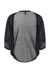 Schwarzes, leichtes Oberteil mit grauem, strukturiertem Körper. Hat lockere, kurze Ärmel und ein asymmetrisches Saumdesign. Knopfverschluss am Rücken des Halsausschnitts.