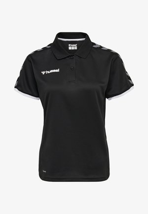 Zwarte polo met korte mouwen, twee knopen en een contrasterende witte bies. Voorzien van grijze chevronpatronen op de schouders. Gemaakt van polyester.