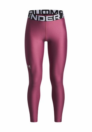 Athletic leggings in a deep burgundy hue with a stretchy, smooth texture. Features a black and white branded elastic waistband.