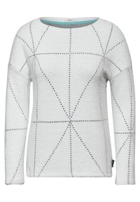 Wit sweatshirt met lange mouwen, voorzien van een geometrisch patroon in grijs. Zachte textuur met een ronde halslijn en gestikte lijnen die een modern ontwerp creëren.