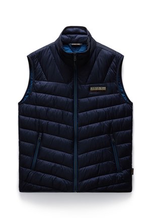 Gilet matelassé navy avec un col montant, fermeture éclair, deux poches latérales et un motif de couture en chevrons. Matériau léger et isolant.