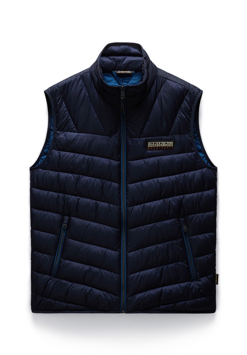 Gilet imbottito blu navy con colletto alto, chiusura con zip, due tasche laterali e motivo a zig-zag. Materiale leggero e isolante.