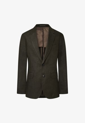 Blazer de lino verde oscuro con dos botones frontales, solapas de muesca y dos bolsillos laterales. El interior presenta un forro marrón y un diseño estructurado.