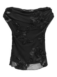 Schwarze Bluse mit drapiertem Ausschnitt und erhabenem Blumenstickereimotiv in ähnlicher Farbe. Leichter Stoff mit durchsichtigen Details.