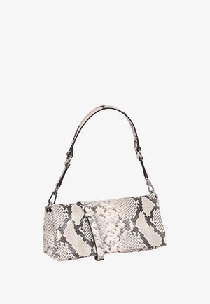 Small rectangular handbag with beige and black snakeskin pattern, single short handle, and a detachable shoulder strap with buckle.