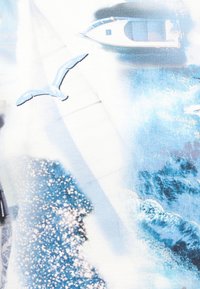 Γλάρος που πετάει πάνω από τραχιά μπλε θάλασσα κοντά σε ένα λευκό σκάφος με άτομο μέσα, σε άποψη από ψηλά κάτω από έντονο ηλιακό φως.