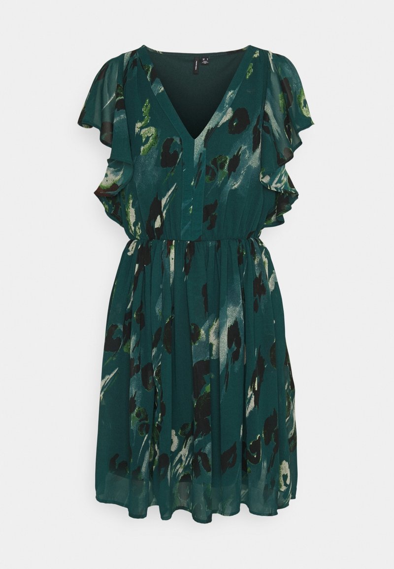 Grünes gemustertes Kleid aus leichtem Stoff, mit Rüschensäumen, V-Ausschnitt und elastischem Taillenband für eine gute Passform.