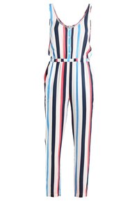 Combinaison rayée avec des rayures verticales bleues, rouges et blanches ; encolure dégagée, boutonnage sur le devant, taille élastique et jambes fuselées.
