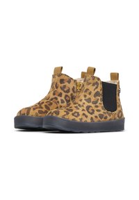 Stivaletti per bambini in suede a stampa leopardata marrone, con pannelli laterali elastici neri, linguette per il pull e suole in gomma nera.