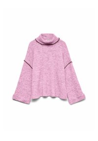 Pull léger rose avec un col haut, des manches larges et des bordures noires le long du col et des coutures. Tissu doux et texturé avec une coupe décontractée.