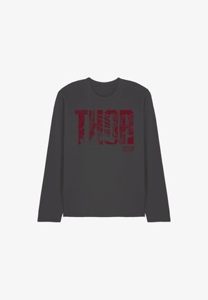 Long-sleeve shirt made of dark gray cotton, featuring a maroon "THOR" graphic with details from the character. Casual fit and crew neckline.