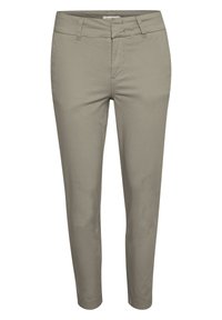 Pantalon tapered gris clair en tissu en coton mélangé lisse. Comprend une fermeture éclair, des passants de ceinture et un design épuré et simple sans matériel visible.