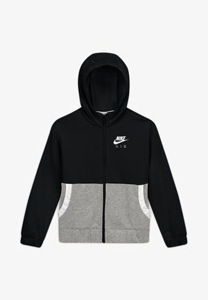 Sweat à capuche zippé Nike avec une partie supérieure noire, une partie inférieure grise, des accents blancs sur les poches et un logo frontal. Tissu doux et design à capuche.