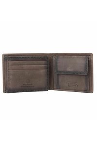 Brown leather wallet featuring card slots, a snap closure for coins, and embossed branding. Soft texture with a worn appearance.
