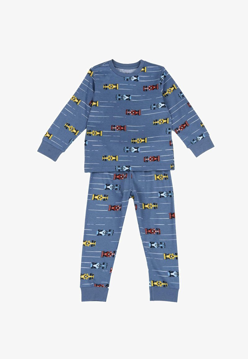 Ensemble de pyjama bleu à manches longues avec un motif de voiture. Présente des voitures de course vibrantes en rouge, jaune et bleu sur un tissu doux. Ceinture élastique sur le pantalon.