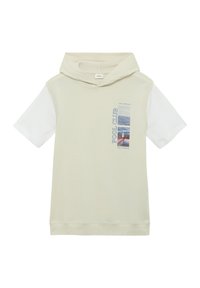 Korte mouw hoodie in lichtbeige met witte mouwen. Heeft een grafische print van oceaanscènes en tekst met "POOL CLUB".