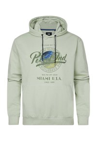 Sudadera verde clara hecha de tela suave, que presenta un gráfico frontal con el texto "Miami U.S.A.", cordones y puños y dobladillo acanalados.