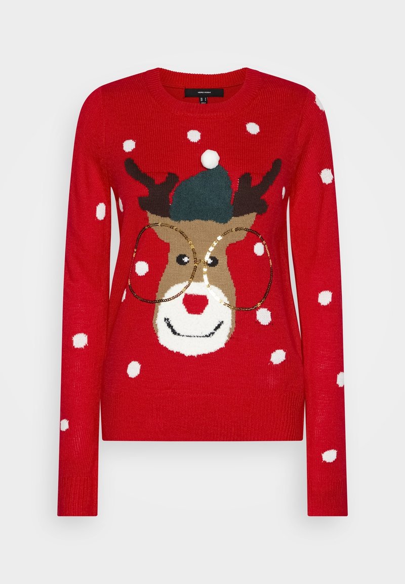 Pull de Noël rouge à manches longues avec un renne souriant portant un chapeau vert, des lunettes dorées à sequins, et des points blancs en forme de flocons de neige dispersés sur le devant et les manches.