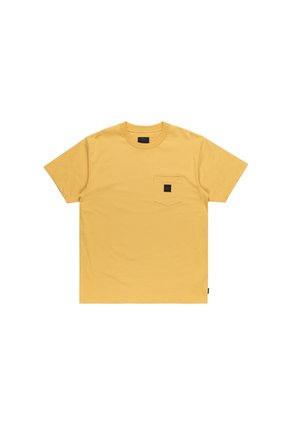 Yellow cotton t-shirt with a round neck, short sleeves, and a left chest pocket featuring a black label. Soft texture, classic fit.