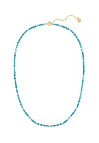 Turkosfärgad pärlhalsband med guldaccent, som har små fasetterade pärlor och en delikat kedja för justerbar längd.