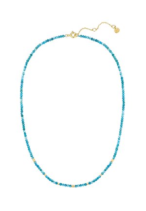 Türkiser Perlenhalskette mit goldenen Akzenten, ausgestattet mit kleinen facettierten Perlen und einer zarten Kette für eine verstellbare Länge.