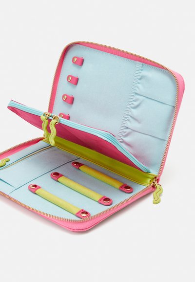 Zippered case with a pink exterior, blue interior, green accents, and elastic straps. Features gold hardware and organized compartments for storage.