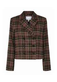 Dubbelgeknoopt cropped blazer in een bordeauxrood ruitpatroon met groene en gele accenten. Voorzien van grote zwarte knopen en een scherpe kraag.