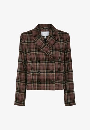 Blazer cropped a doppio petto in motivo scozzese bordeaux con accenti verdi e gialli. Presenta grandi bottoni neri e un colletto marcato.