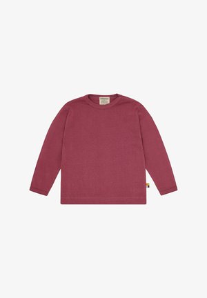 Maglietta a maniche lunghe in cotone bordeaux. Presenta una scollatura rotonda, un orlo dritto e una piccola etichetta con accenti verdi, gialli e rossi sul lato.