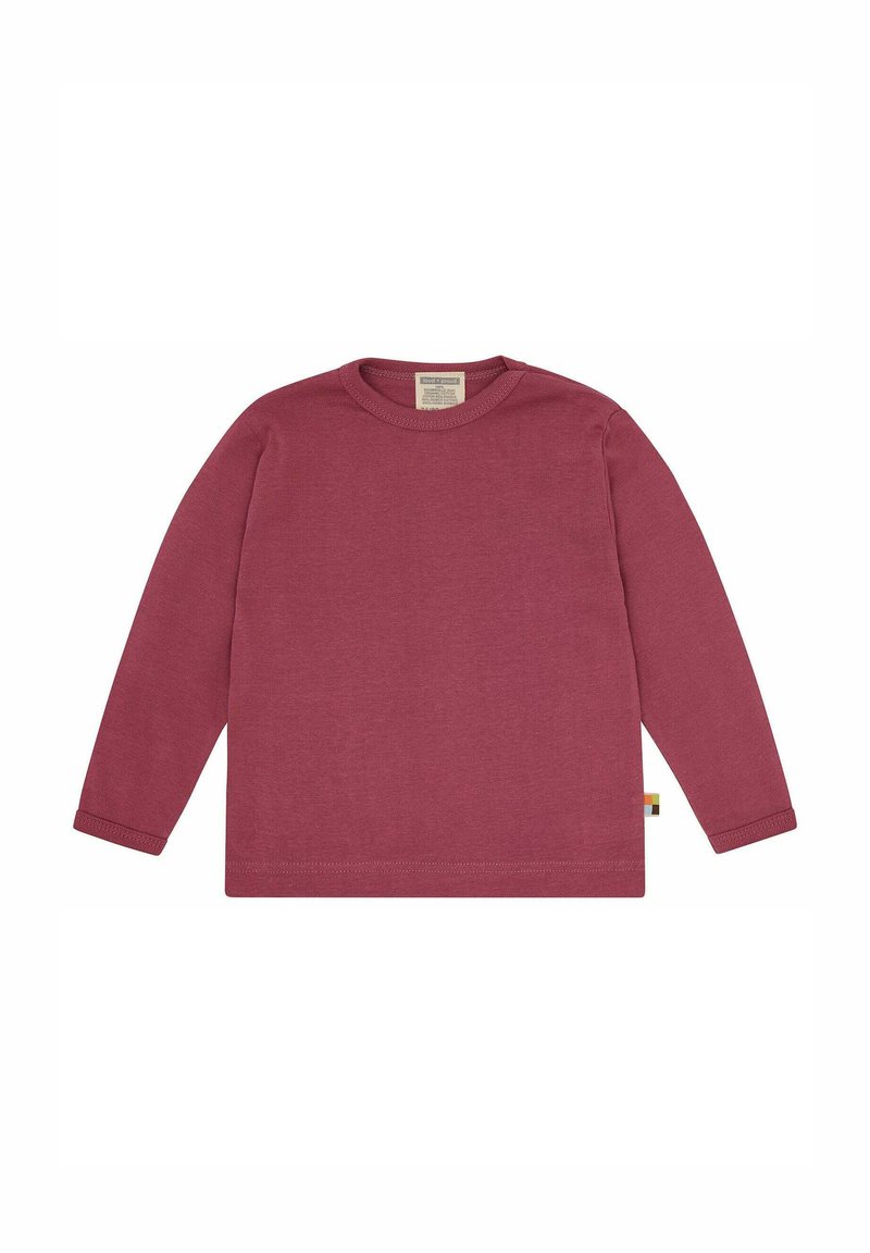 Maglietta a maniche lunghe in cotone bordeaux. Presenta una scollatura rotonda, un orlo dritto e una piccola etichetta con accenti verdi, gialli e rossi sul lato.