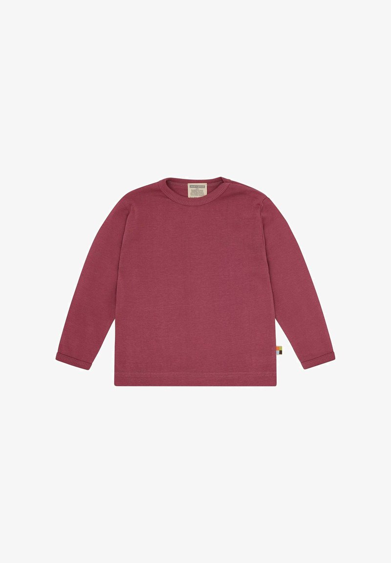 Long-sleeve shirt in maroon cotton. Features a round neckline, straight-cut hem, and a small tag with green, yellow, and red accents on the side.