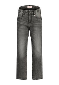 Jeans de mezclilla gris con un diseño de pierna recta, ligera decoloración y costuras en contraste. Presenta un cierre de botón y cremallera con trabillas para cinturón.