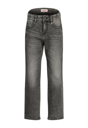 Gray denim jeans with a straight leg design, slight fading, and contrasting stitching. Features a button and zipper closure with belt loops.