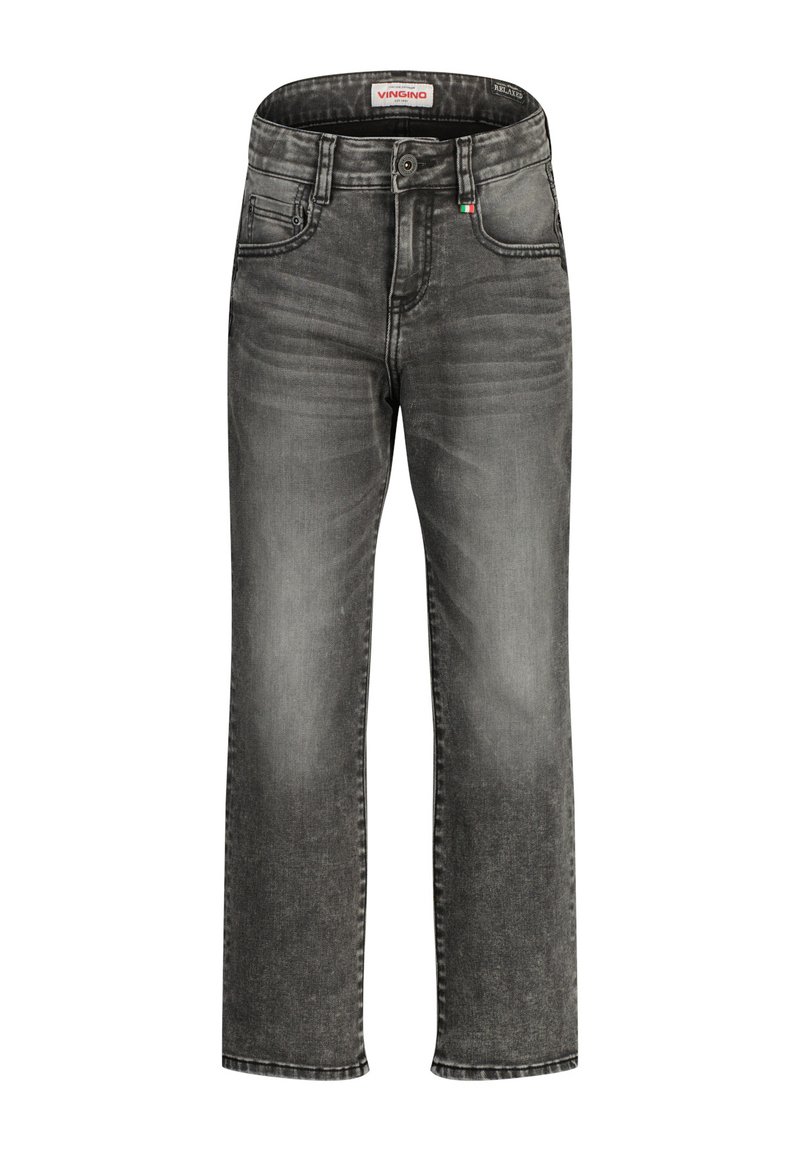 Jeans de mezclilla gris con un diseño de pierna recta, ligera decoloración y costuras en contraste. Presenta un cierre de botón y cremallera con trabillas para cinturón.