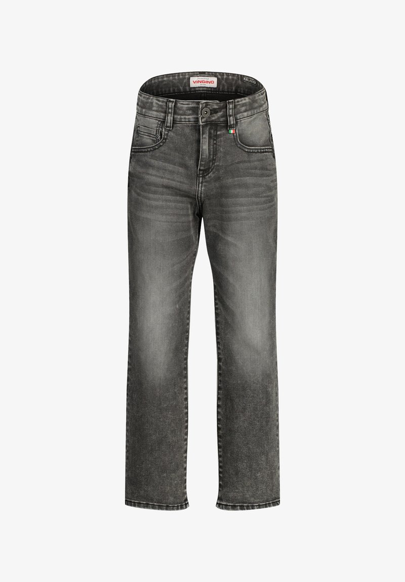 Jeans de denim cinza com um design de perna reta, ligeiramente desbotados e com costura em contraste. Apresenta um fecho de botão e zipper com passadores de cinto.