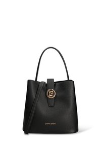 Zwart gestructureerd lederen handtas met een gestructureerde vorm, voorzien van een gouden sluiting en een afneembare schouderriem. Merkennaam geperst.