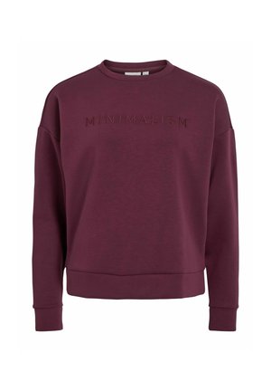 Bordeaux crewneck sweatshirt med lange ærmer og ordet "MINIMALISM" broderet på brystet.