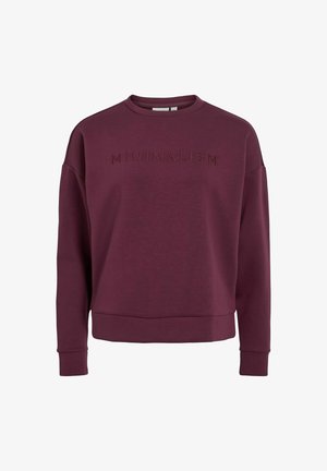 Bordeaux crewneck sweatshirt med lange ærmer og ordet "MINIMALISM" broderet på brystet.