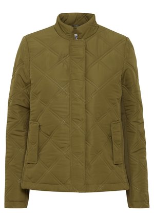 Olivgrön kviltad jacka med ståkrage, diagonal sömnad, två frontfickor och dragkedjestängning. Slät textur, lättviktsdesign.