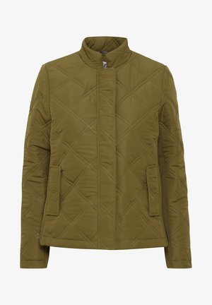 Maslinzasto zeleni jakna s kvalitetnim quiltom, stojećim ovratnikom, dijagonalnim šavovima, dva prednja džepa i zatvaranjem na patentni zatvarač. Glatka tekstura, lagani dizajn.