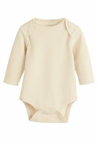 Bodysuit per neonati color crema, a maniche lunghe, realizzato in tessuto a coste, con scollatura rotonda e chiusura a pressione sul fondo per facilitare il cambio.