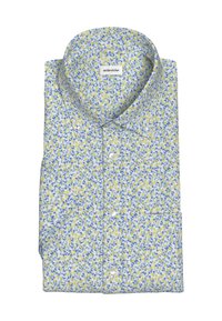 Camicia con bottoni caratterizzata da un motivo floreale blu chiaro e giallo su tessuto bianco. Presenta un colletto classico e una tasca sul petto.