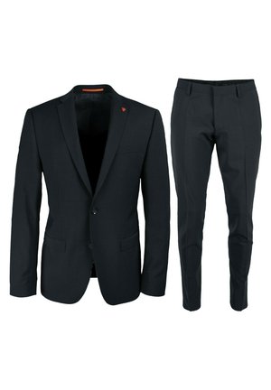 Dunkelblaues Anzug mit einreihigem Blazer und passenden, schmal geschnittenen Hosen. Verfügt über eine subtile Textur, zwei Fronttaschen und einen Logo-Akzent.
