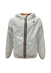 Giacca bianca con cappuccio e zip frontale, caratterizzata da una striscia multicolore lungo la zip e un tessuto liscio e leggero.