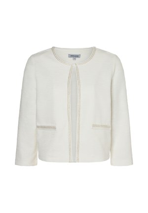 Weiße, strukturierte Damenjacke mit offenem Vorderteil, rundem Ausschnitt und subtiler dekorativer Einfassung an den Kanten und Taschen.