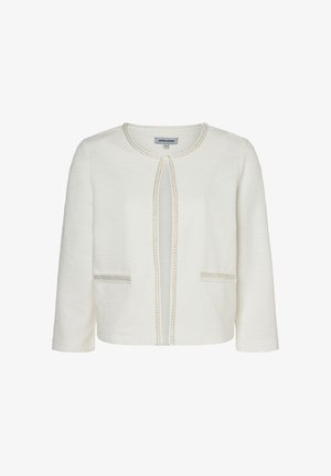 Weiße, strukturierte Damenjacke mit offenem Vorderteil, rundem Ausschnitt und subtiler dekorativer Einfassung an den Kanten und Taschen.