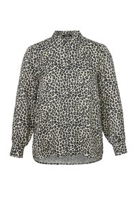 Leopardenmuster Bluse in hellbeige mit schwarzen Flecken. Mit Knopfleiste, langen Ärmeln und abgerundetem Saum. Leichte Stoffqualität.