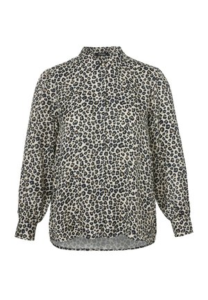 Leopardenmuster Bluse in hellbeige mit schwarzen Flecken. Mit Knopfleiste, langen Ärmeln und abgerundetem Saum. Leichte Stoffqualität.