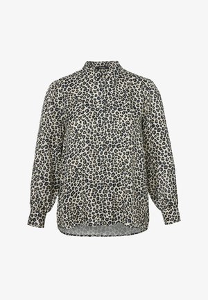 Luipaardprint blouse in lichtbeige met zwarte vlekken. Heeft een knoopsluiting aan de voorkant, lange mouwen en een gebogen zoom. Lichtgewicht stof.