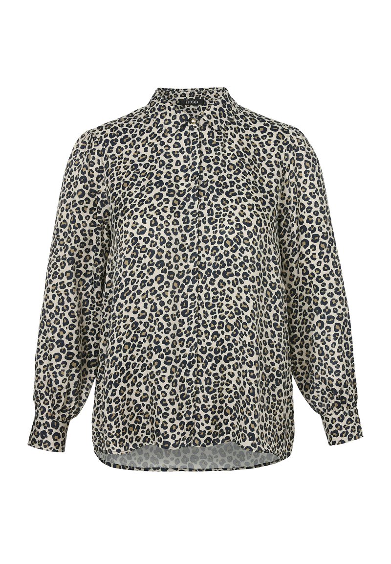 Leopardenmuster Bluse in hellbeige mit schwarzen Flecken. Mit Knopfleiste, langen Ärmeln und abgerundetem Saum. Leichte Stoffqualität.